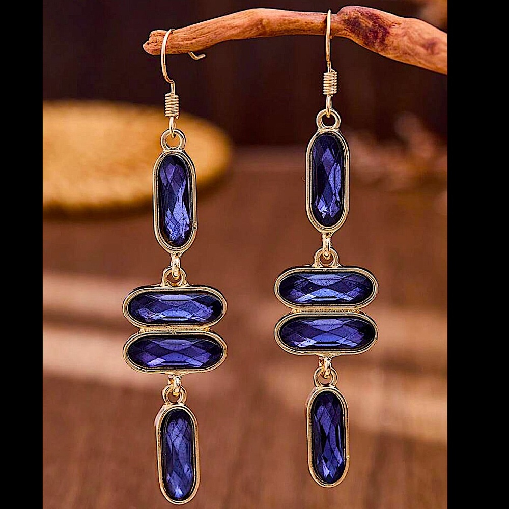 Gold Plated Crystal Amethyst Dangle Earrings – Geometric Statement Style